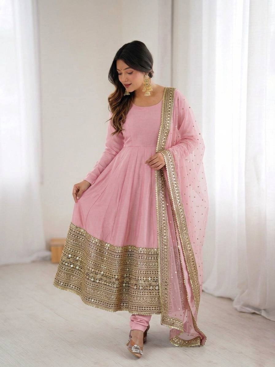 Womenline Blush Royale Embroidered Anarkali Suit Set with Elegant Dupatta