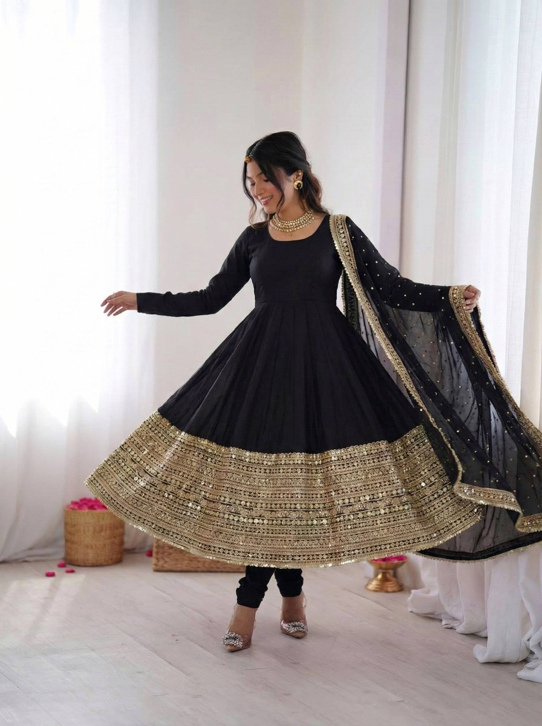 Womenline Midnight Majesty Embroidered Anarkali Suit Set with Designer Dupatta
