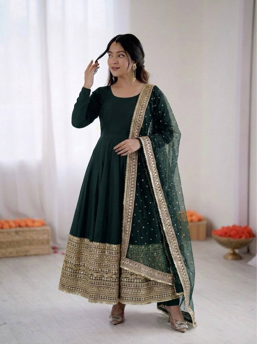 Womenline Emerald Elegance Embroidered Anarkali Suit Set with Graceful Net Dupatta