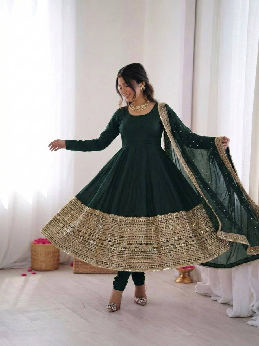 Womenline Emerald Elegance Embroidered Anarkali Suit Set with Graceful Net Dupatta