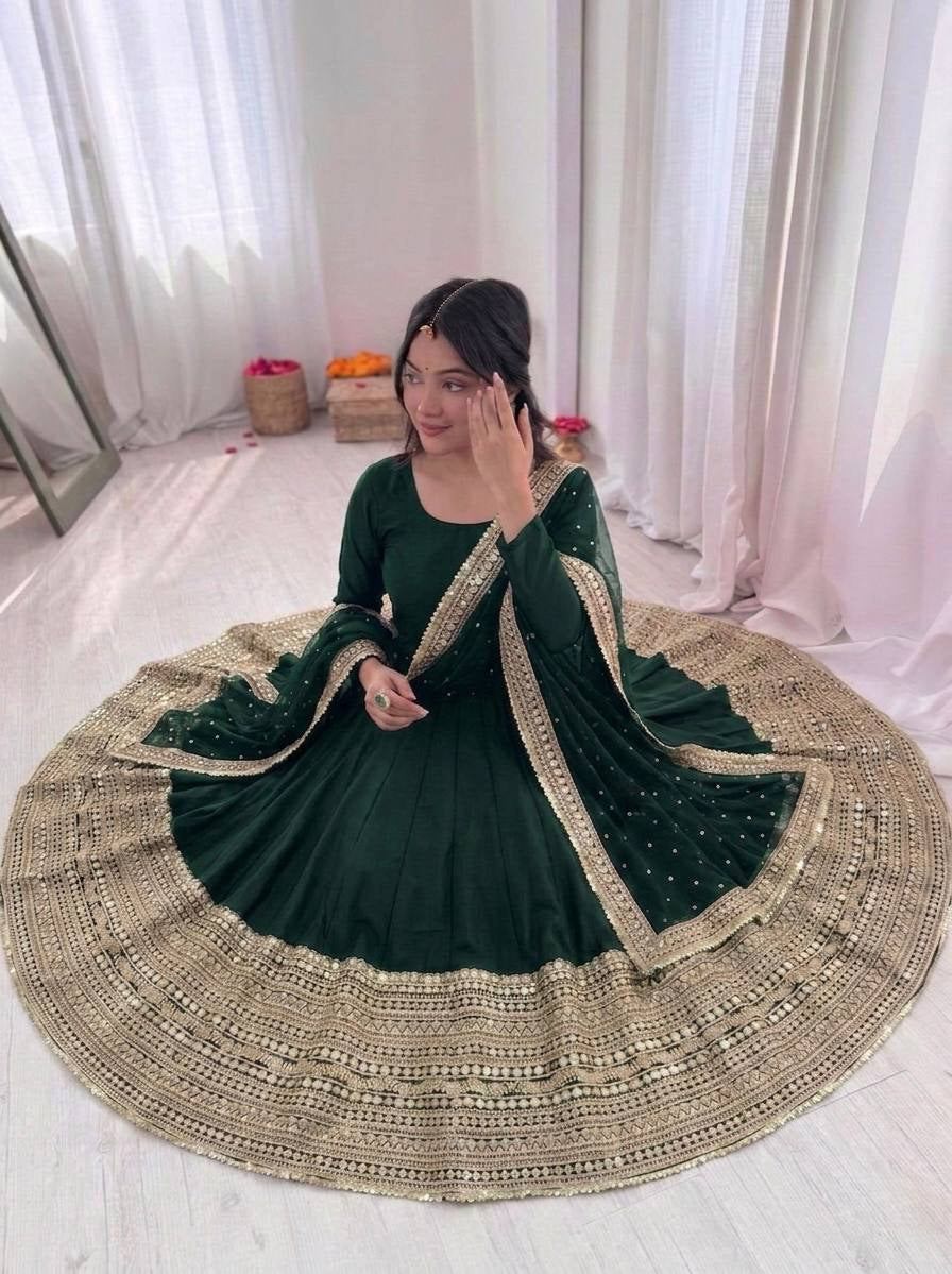 Womenline Emerald Elegance Embroidered Anarkali Suit Set with Graceful Net Dupatta