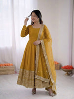 Womenline Golden Saffron Grace Anarkali Suit Set with Embroidered Dupatta