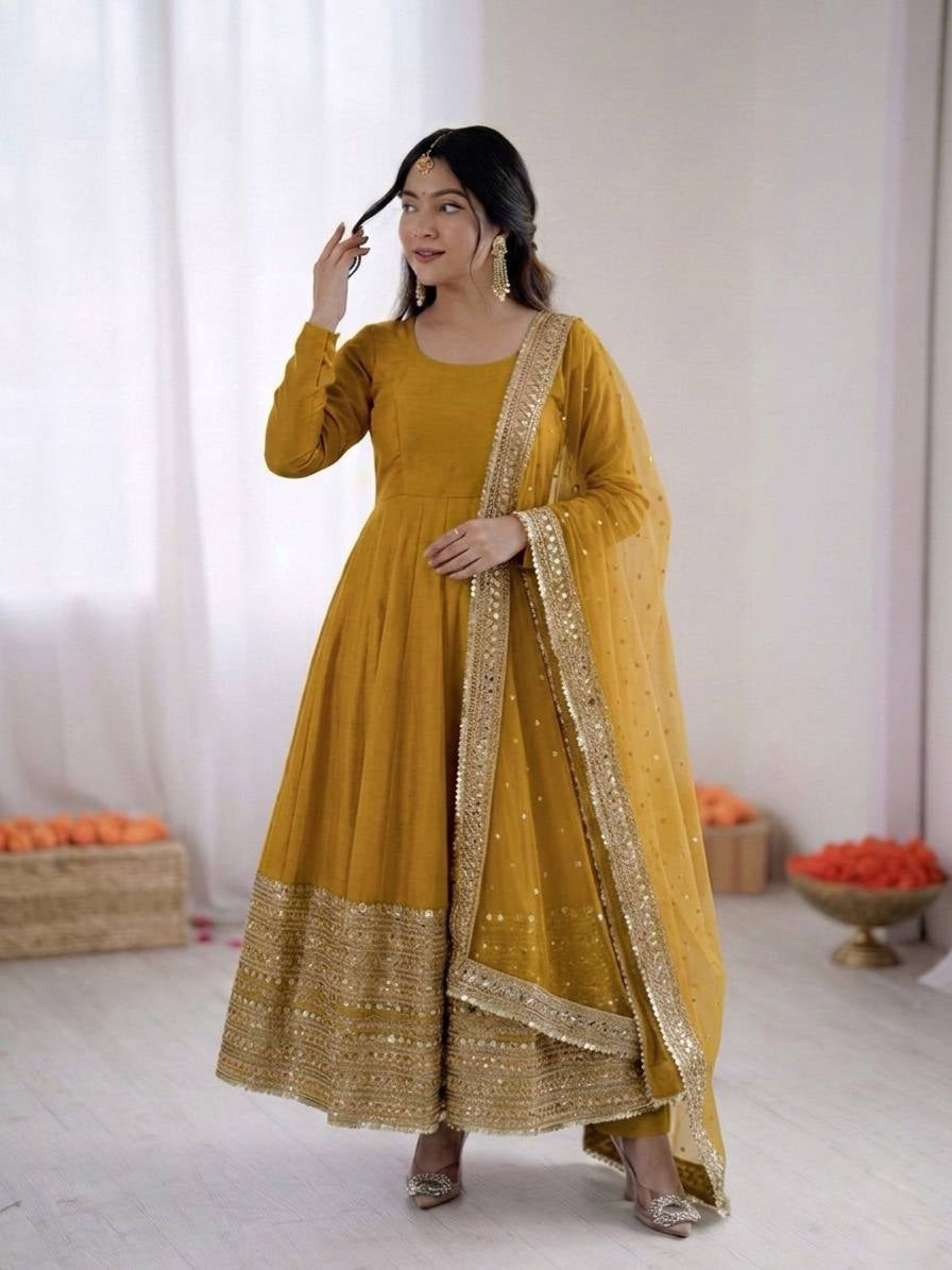 Womenline Golden Saffron Grace Anarkali Suit Set with Embroidered Dupatta