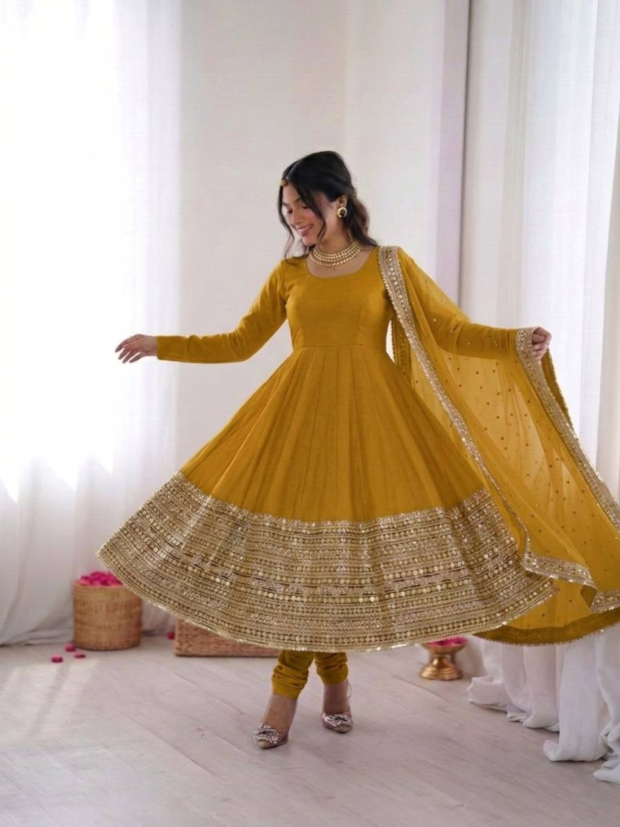 Womenline Golden Saffron Grace Anarkali Suit Set with Embroidered Dupatta
