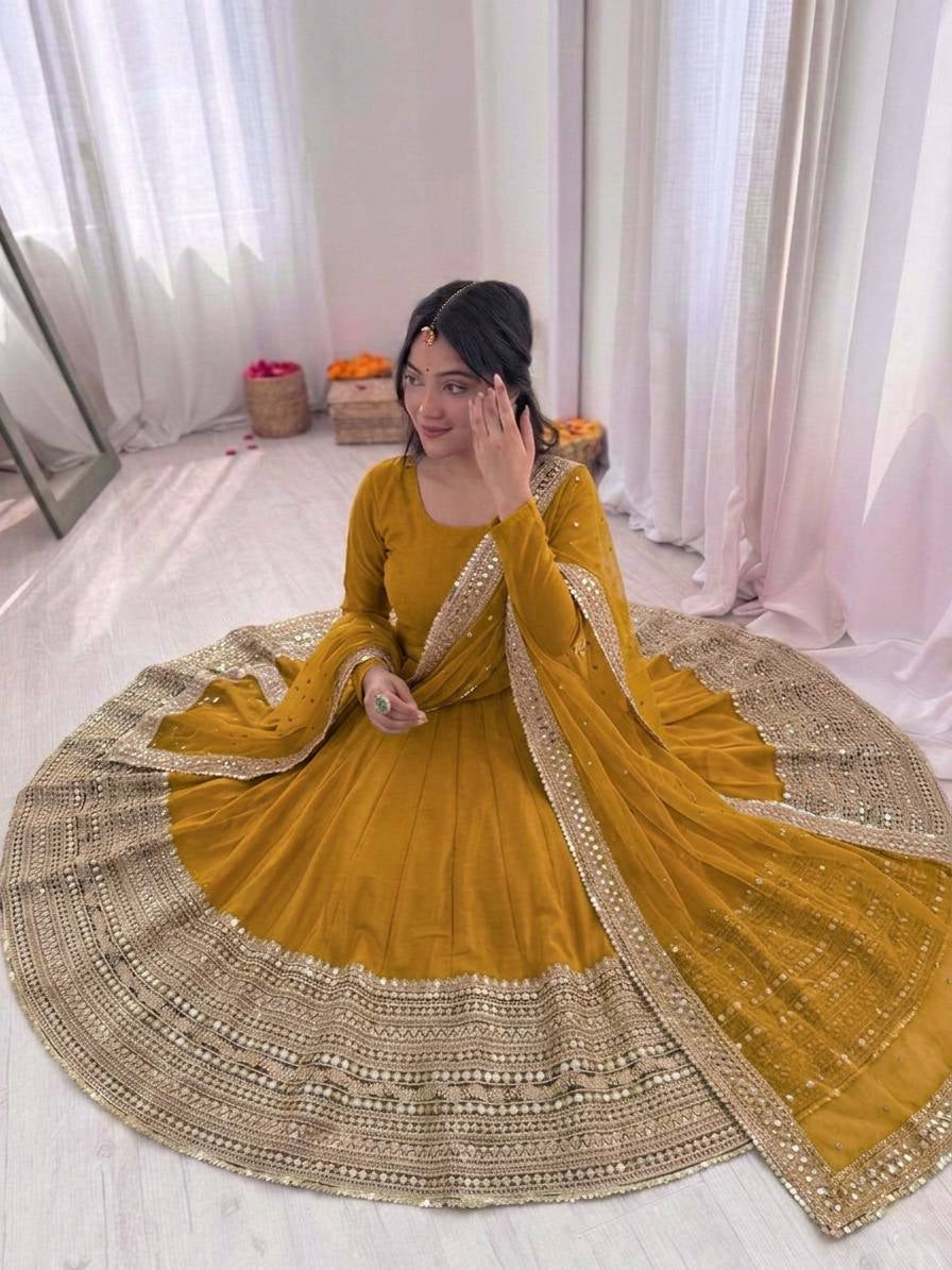 Womenline Golden Saffron Grace Anarkali Suit Set with Embroidered Dupatta