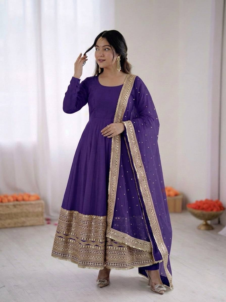 Womenline Royal Amethyst Embroidered Anarkali Suit Set with Elegant Dupatta