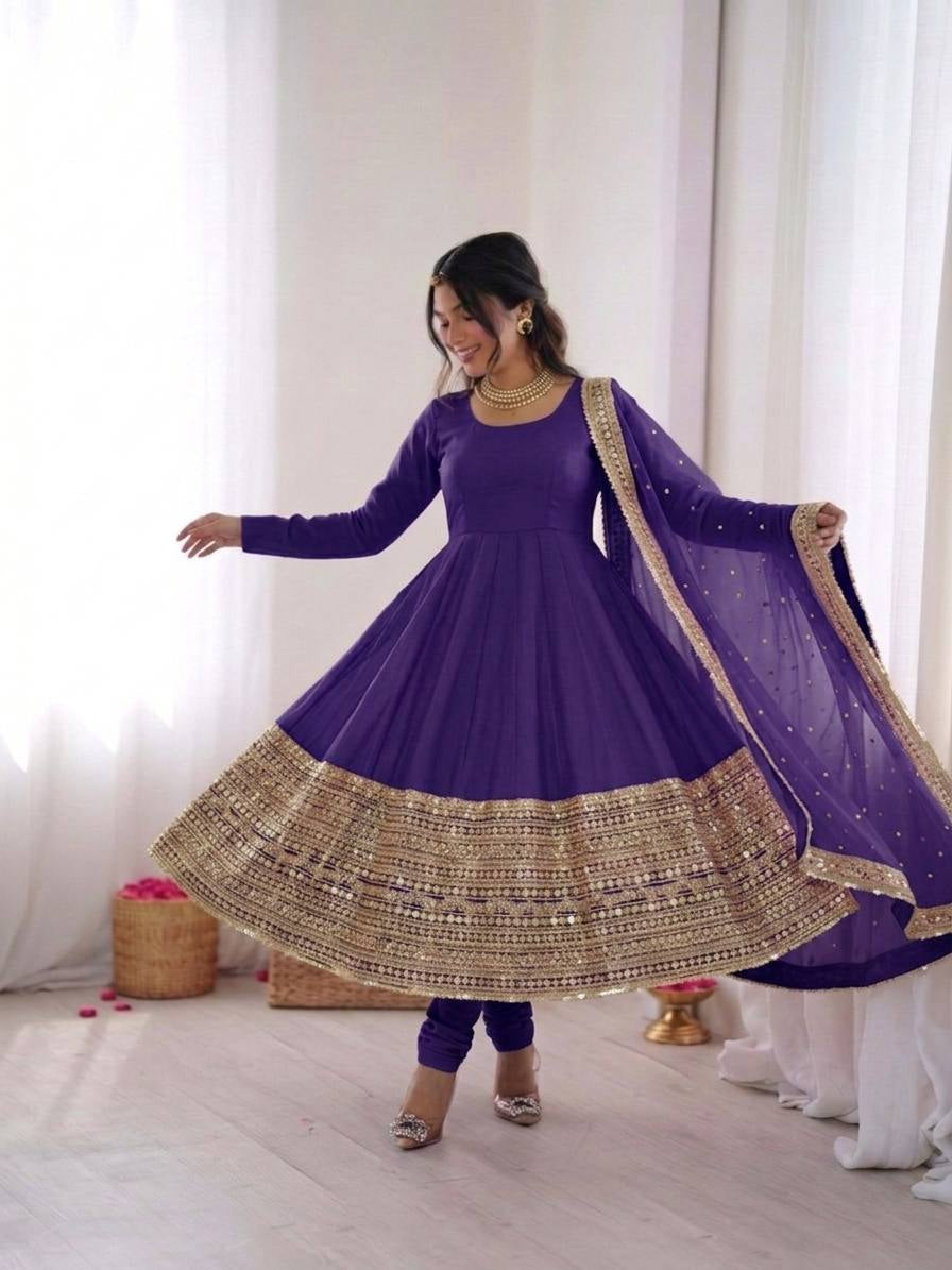 Womenline Royal Amethyst Embroidered Anarkali Suit Set with Elegant Dupatta