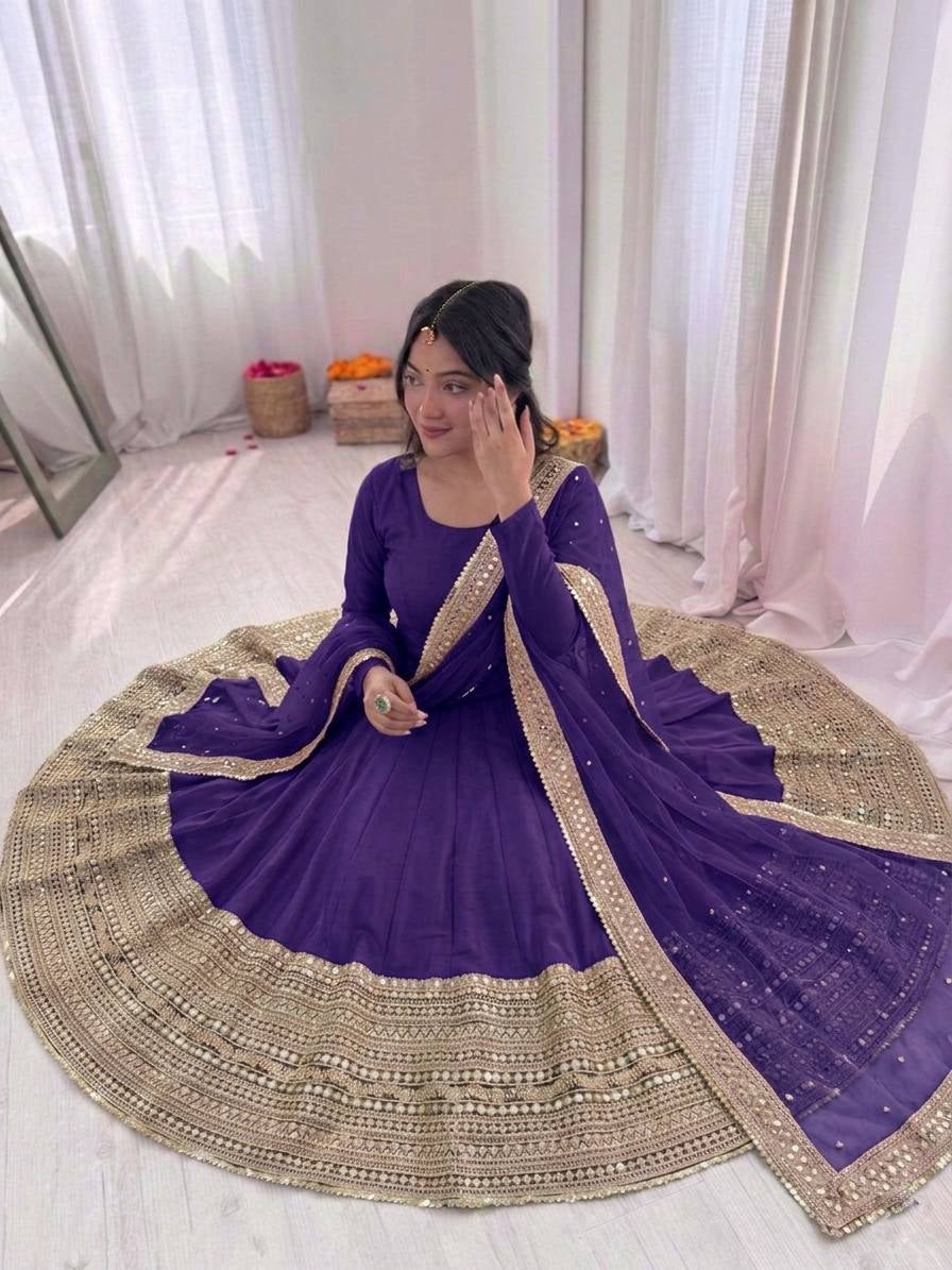 Womenline Royal Amethyst Embroidered Anarkali Suit Set with Elegant Dupatta