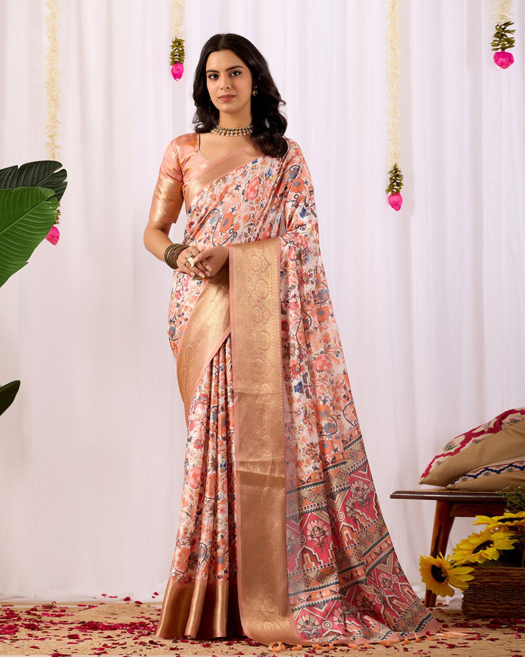 Womenline Peach Floral Banarasi Silk Saree with Rose Gold Zari Border & Heritage Designer Pallu