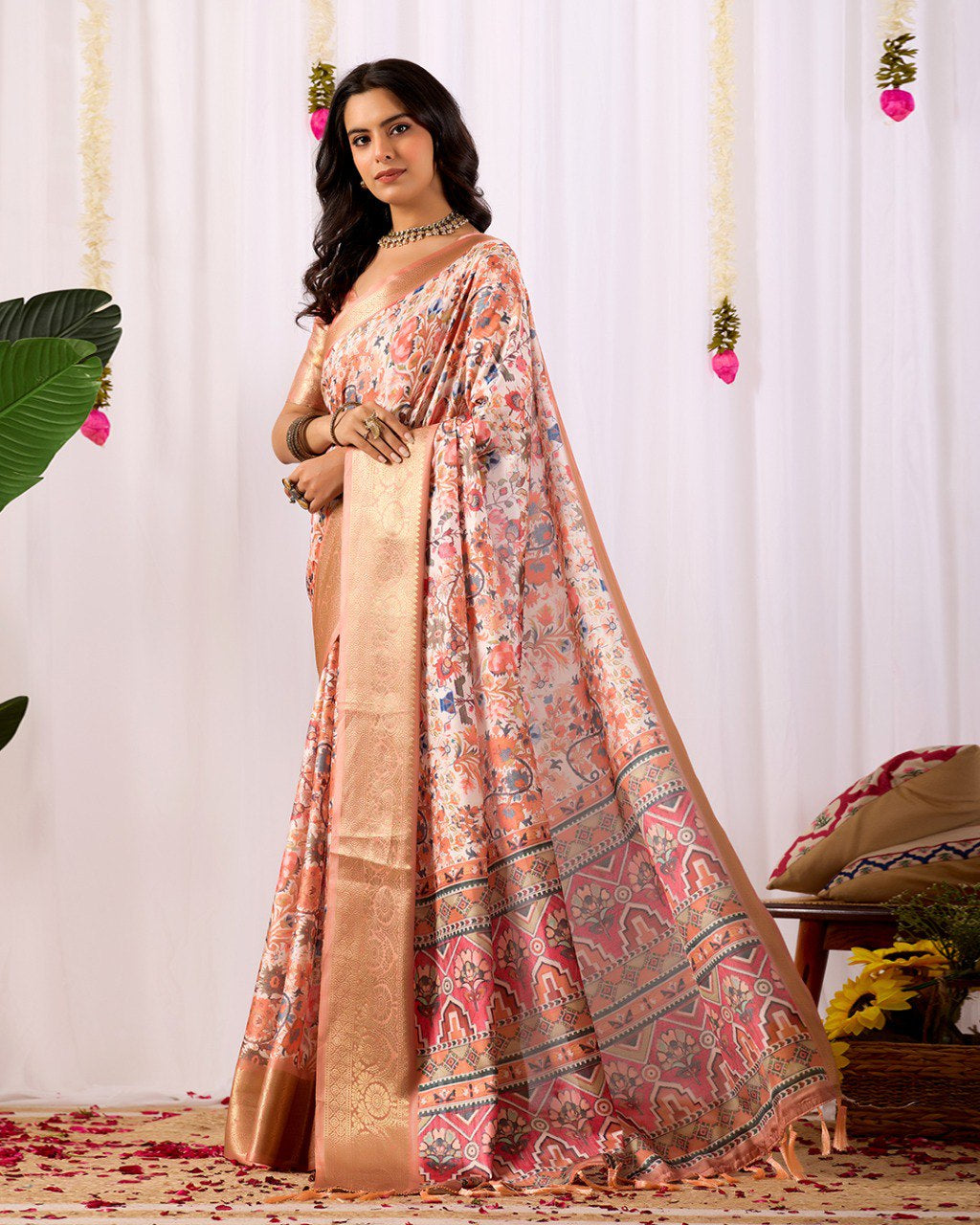 Womenline Peach Floral Banarasi Silk Saree with Rose Gold Zari Border & Heritage Designer Pallu