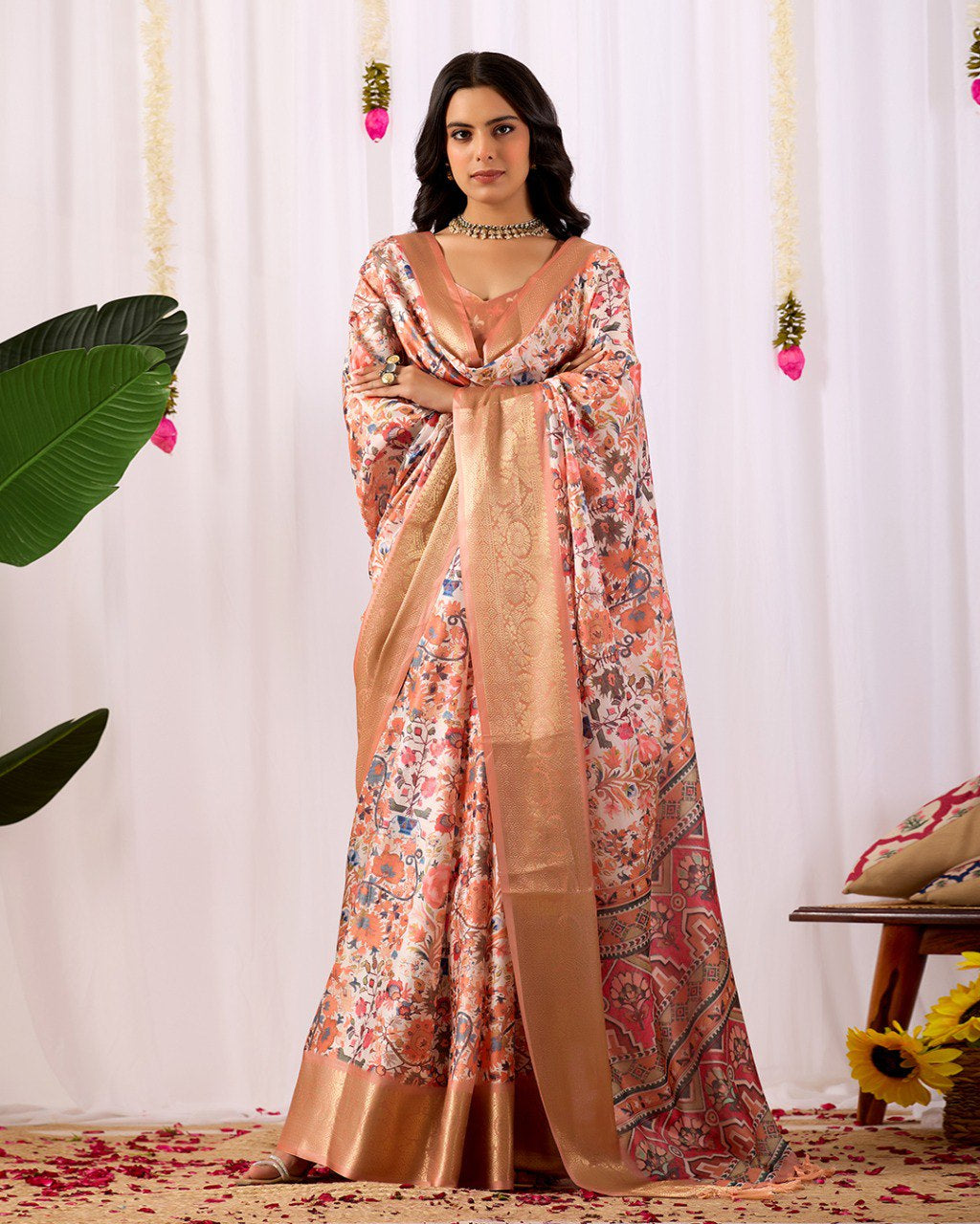 Womenline Peach Floral Banarasi Silk Saree with Rose Gold Zari Border & Heritage Designer Pallu
