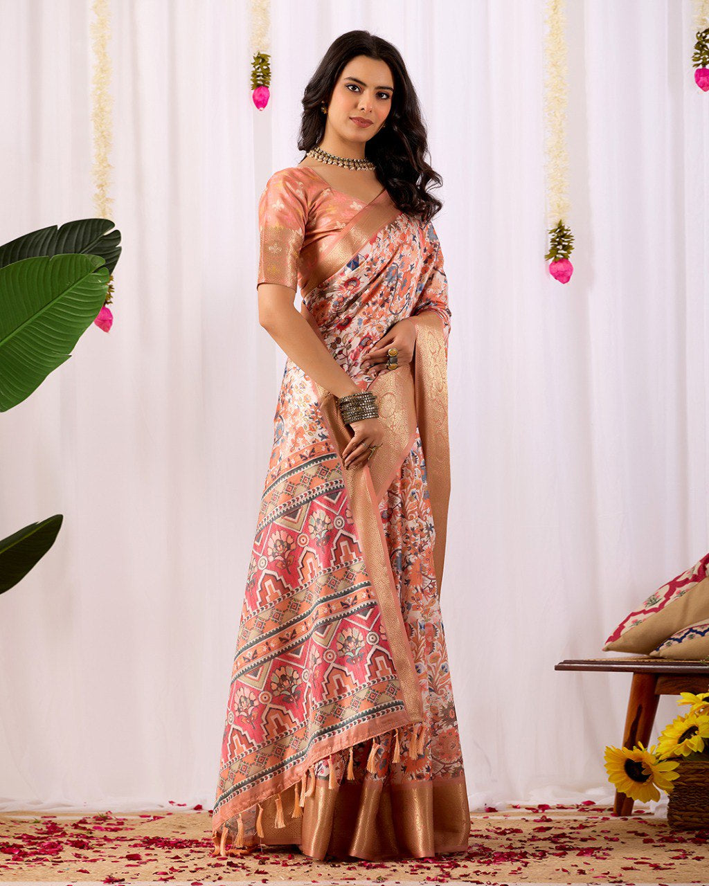 Womenline Peach Floral Banarasi Silk Saree with Rose Gold Zari Border & Heritage Designer Pallu