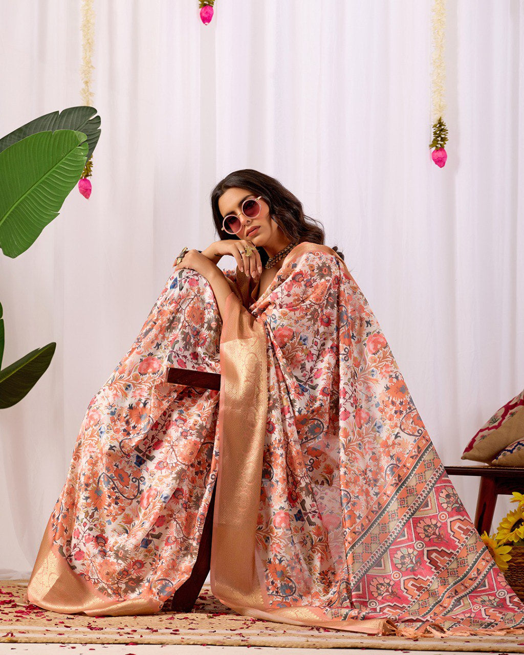 Womenline Peach Floral Banarasi Silk Saree with Rose Gold Zari Border & Heritage Designer Pallu