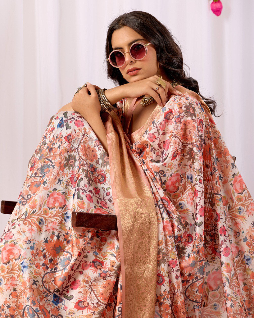 Womenline Peach Floral Banarasi Silk Saree with Rose Gold Zari Border & Heritage Designer Pallu
