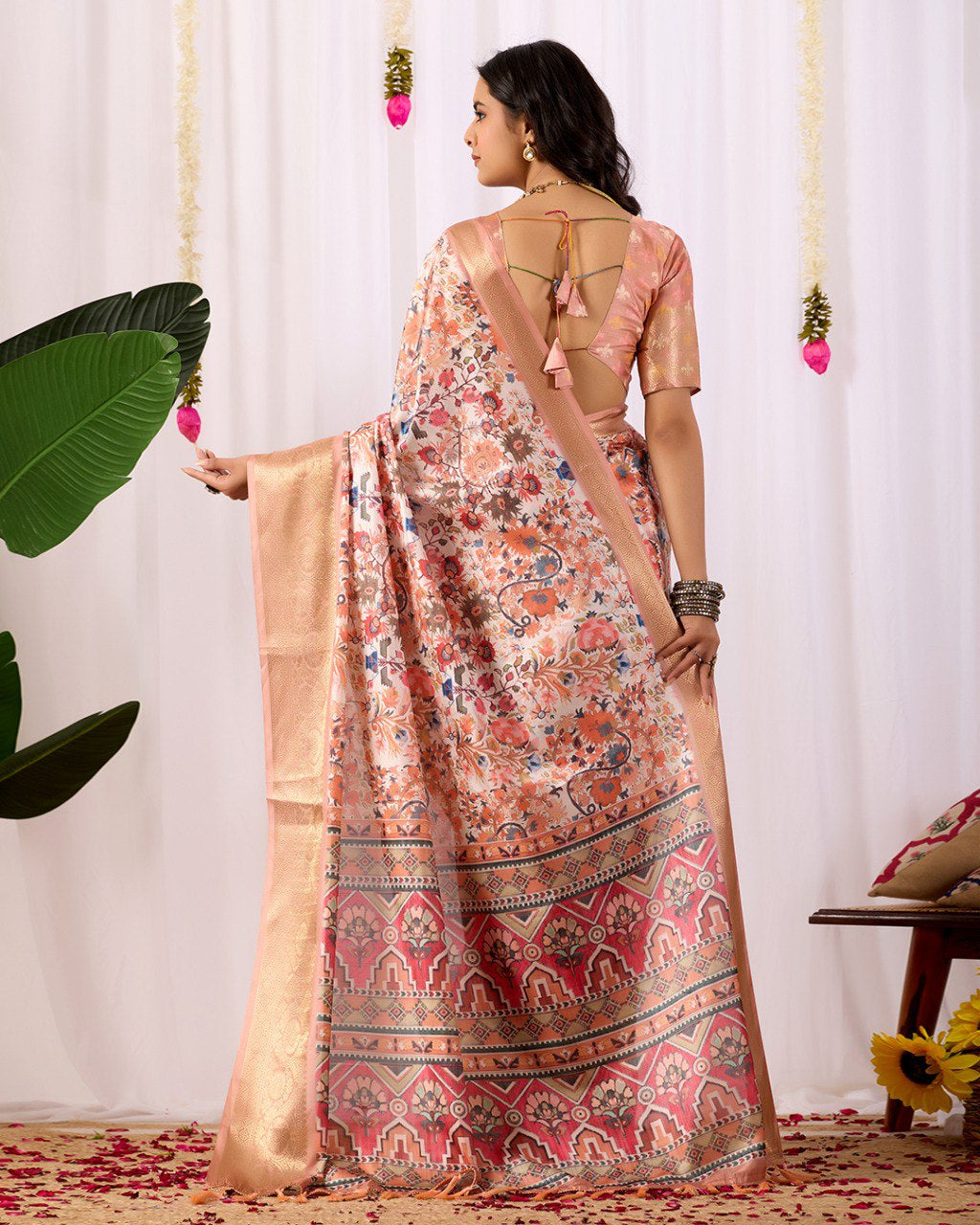 Womenline Peach Floral Banarasi Silk Saree with Rose Gold Zari Border & Heritage Designer Pallu