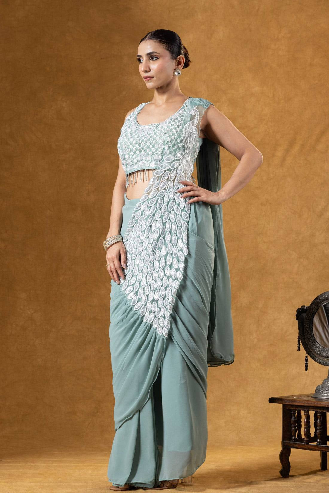 Womenline Pastel Sage Green Pre-Draped Saree with Silver Leaf Embroidery Panel