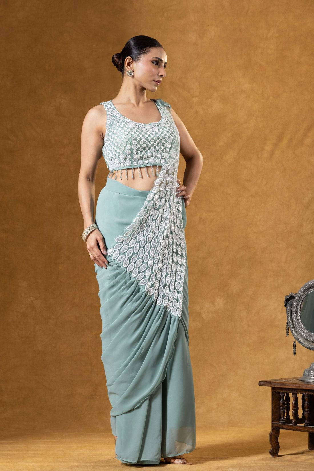 Womenline Pastel Sage Green Pre-Draped Saree with Silver Leaf Embroidery Panel