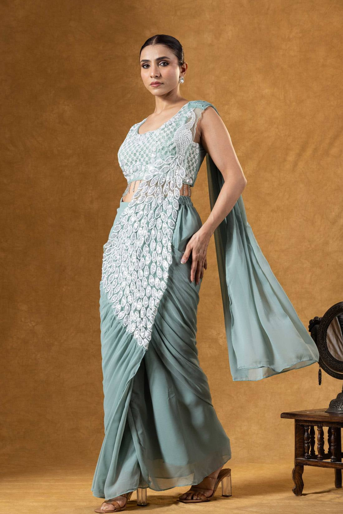 Womenline Pastel Sage Green Pre-Draped Saree with Silver Leaf Embroidery Panel