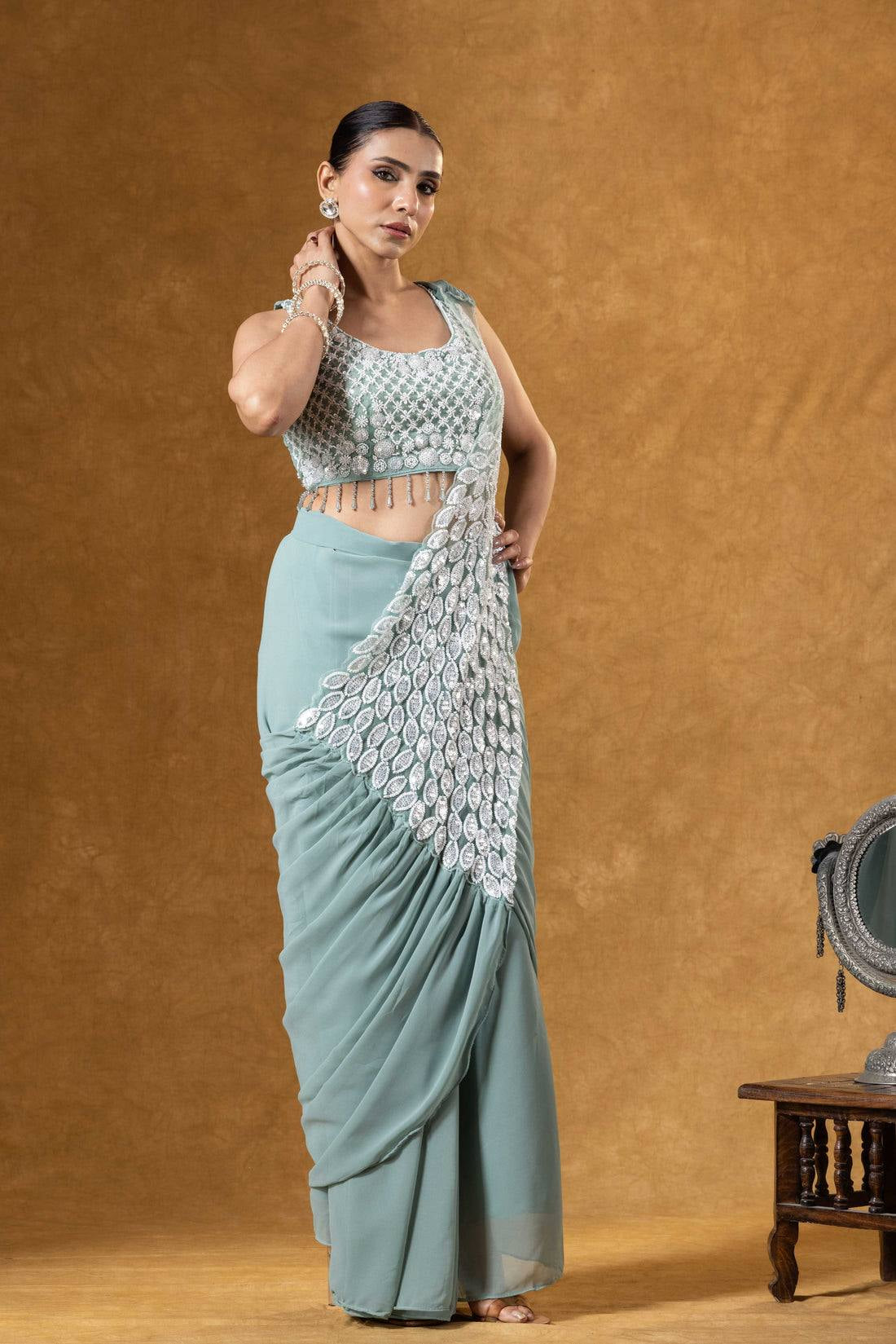 Womenline Pastel Sage Green Pre-Draped Saree with Silver Leaf Embroidery Panel