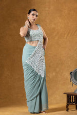 Womenline Pastel Sage Green Pre-Draped Saree with Silver Leaf Embroidery Panel