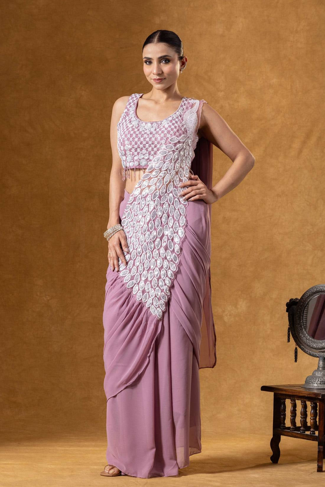 Womenline Dusty Rose Pink Pre-Draped Saree with Silver Leaf Embroidery Panel