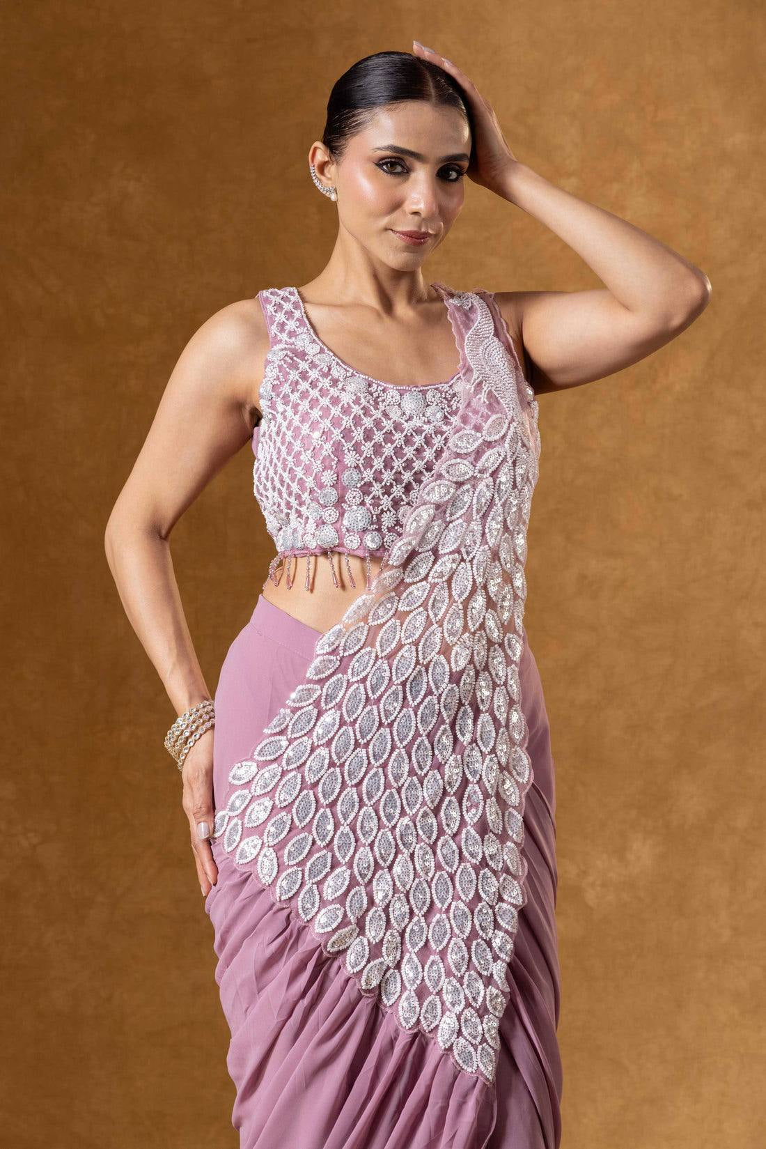 Womenline Dusty Rose Pink Pre-Draped Saree with Silver Leaf Embroidery Panel