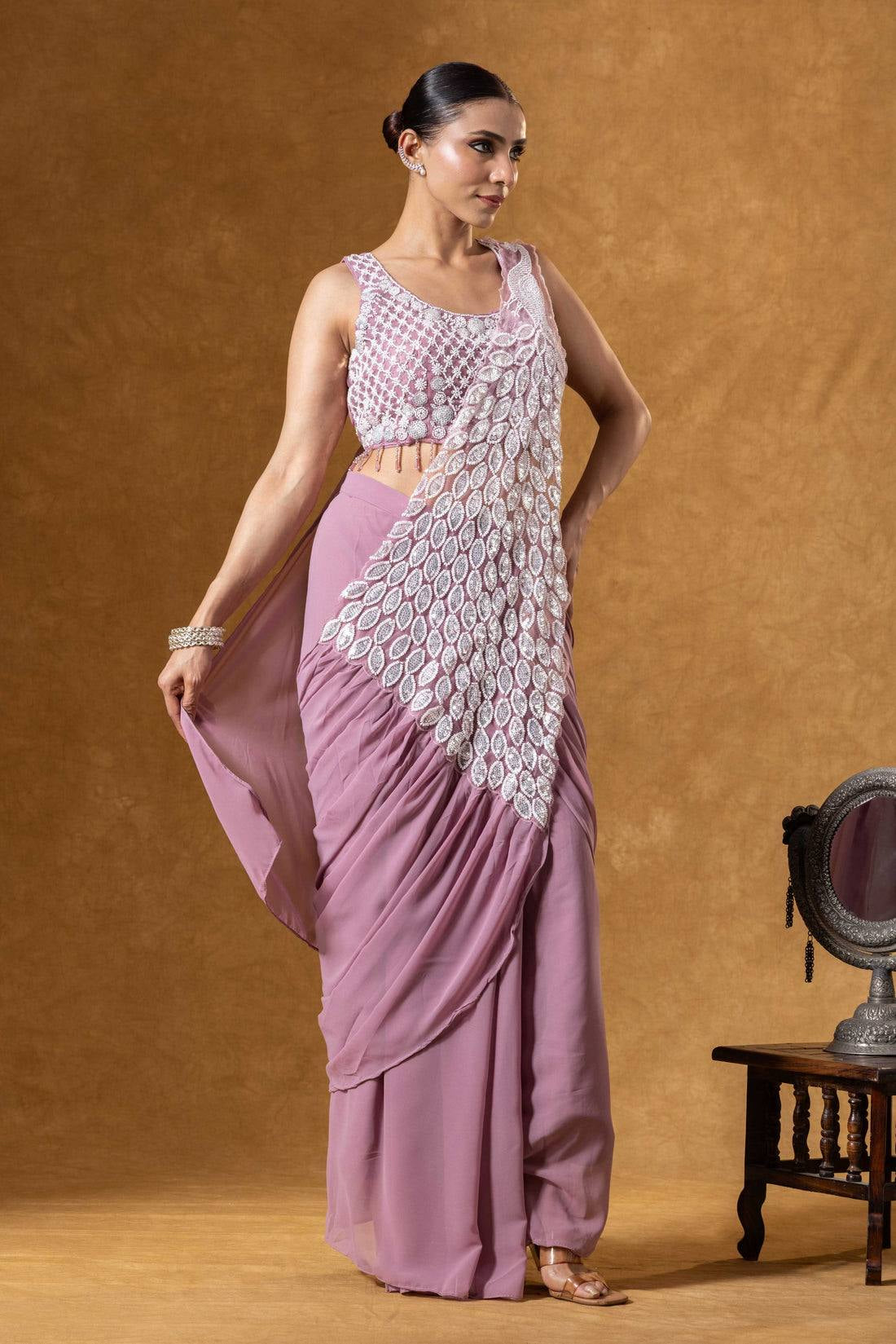 Womenline Dusty Rose Pink Pre-Draped Saree with Silver Leaf Embroidery Panel