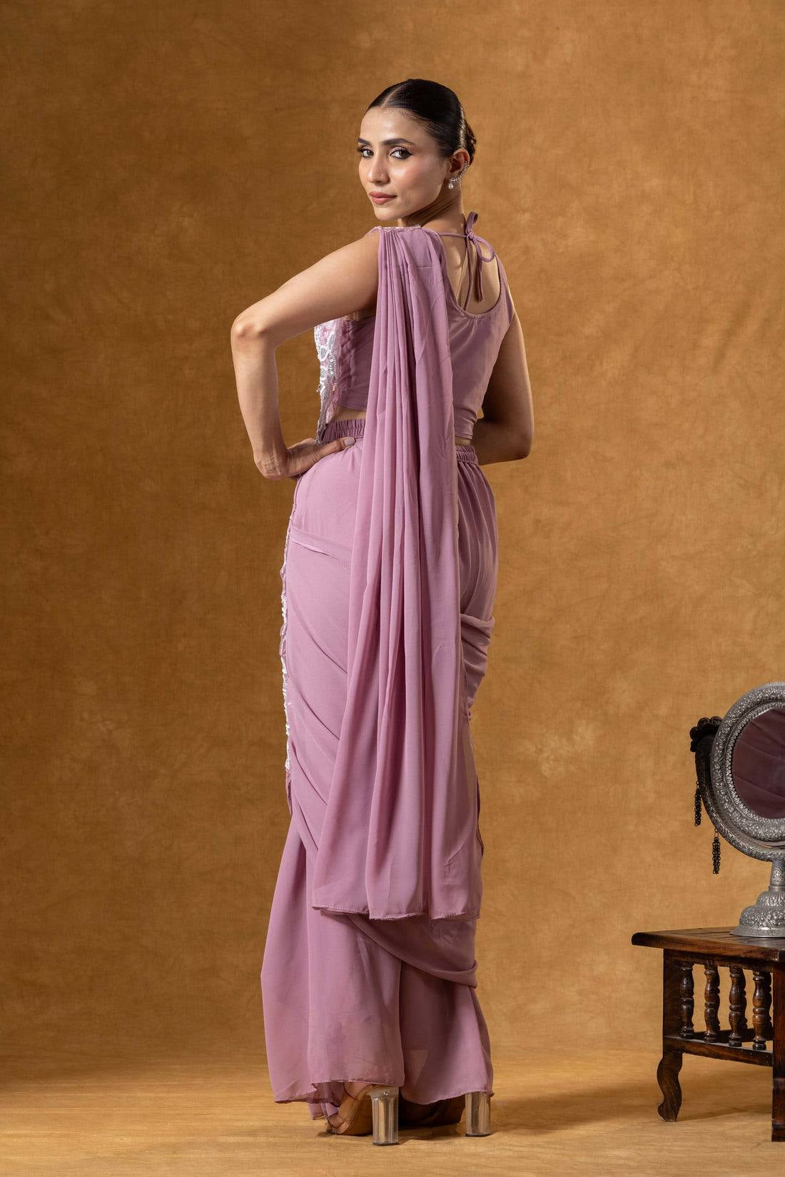 Womenline Dusty Rose Pink Pre-Draped Saree with Silver Leaf Embroidery Panel