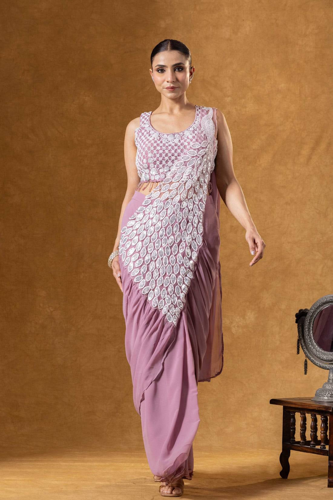 Womenline Dusty Rose Pink Pre-Draped Saree with Silver Leaf Embroidery Panel