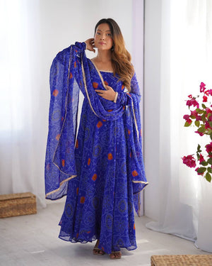 Womenline Royal Blue Color Bandhej Print Soft Chiffon Anarkali Gown