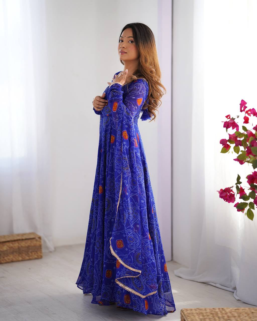 Womenline Royal Blue Color Bandhej Print Soft Chiffon Anarkali Gown