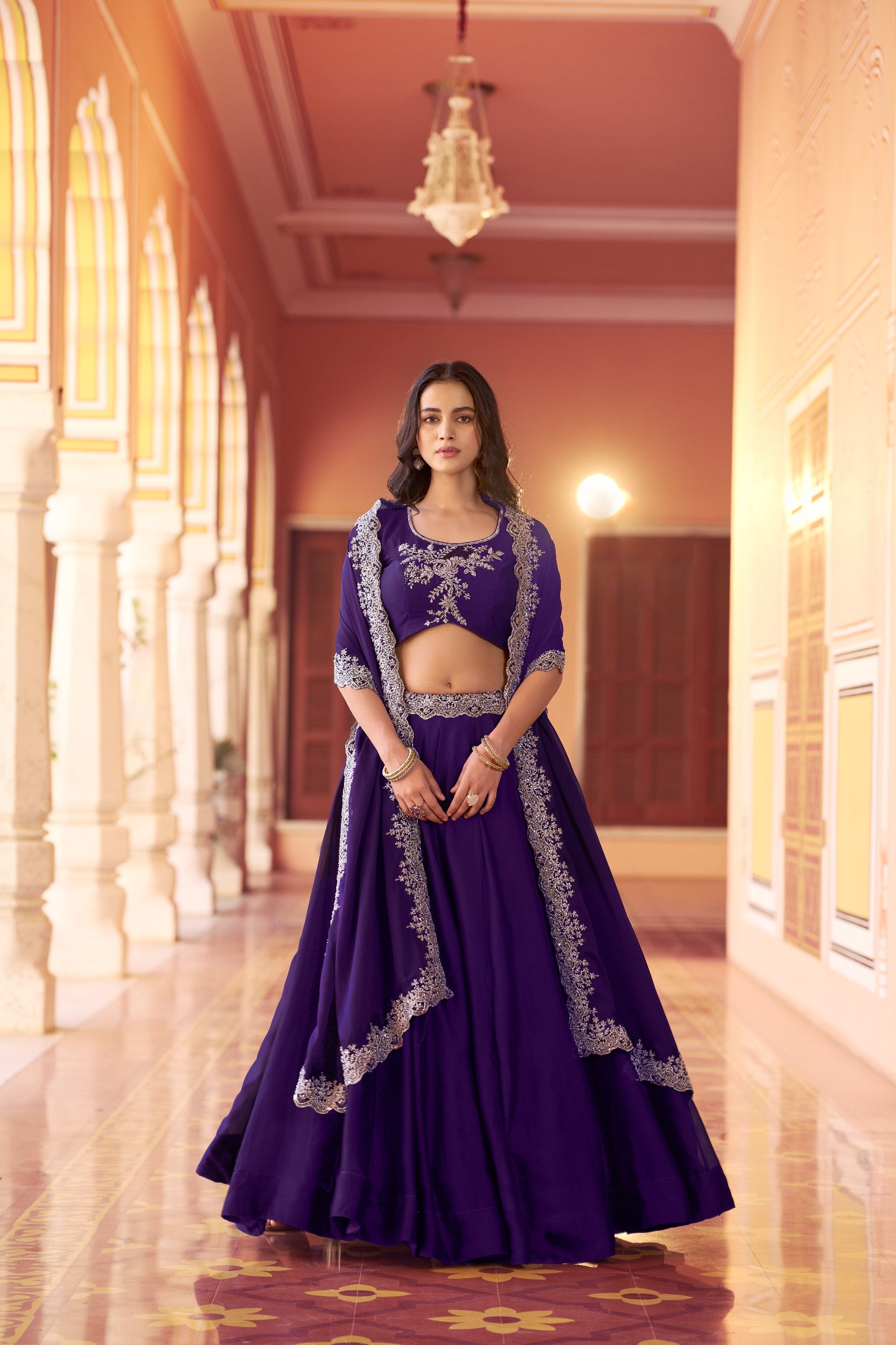 Womenline Royal Purple Embroidered Lehenga Set with Designer Dupatta
