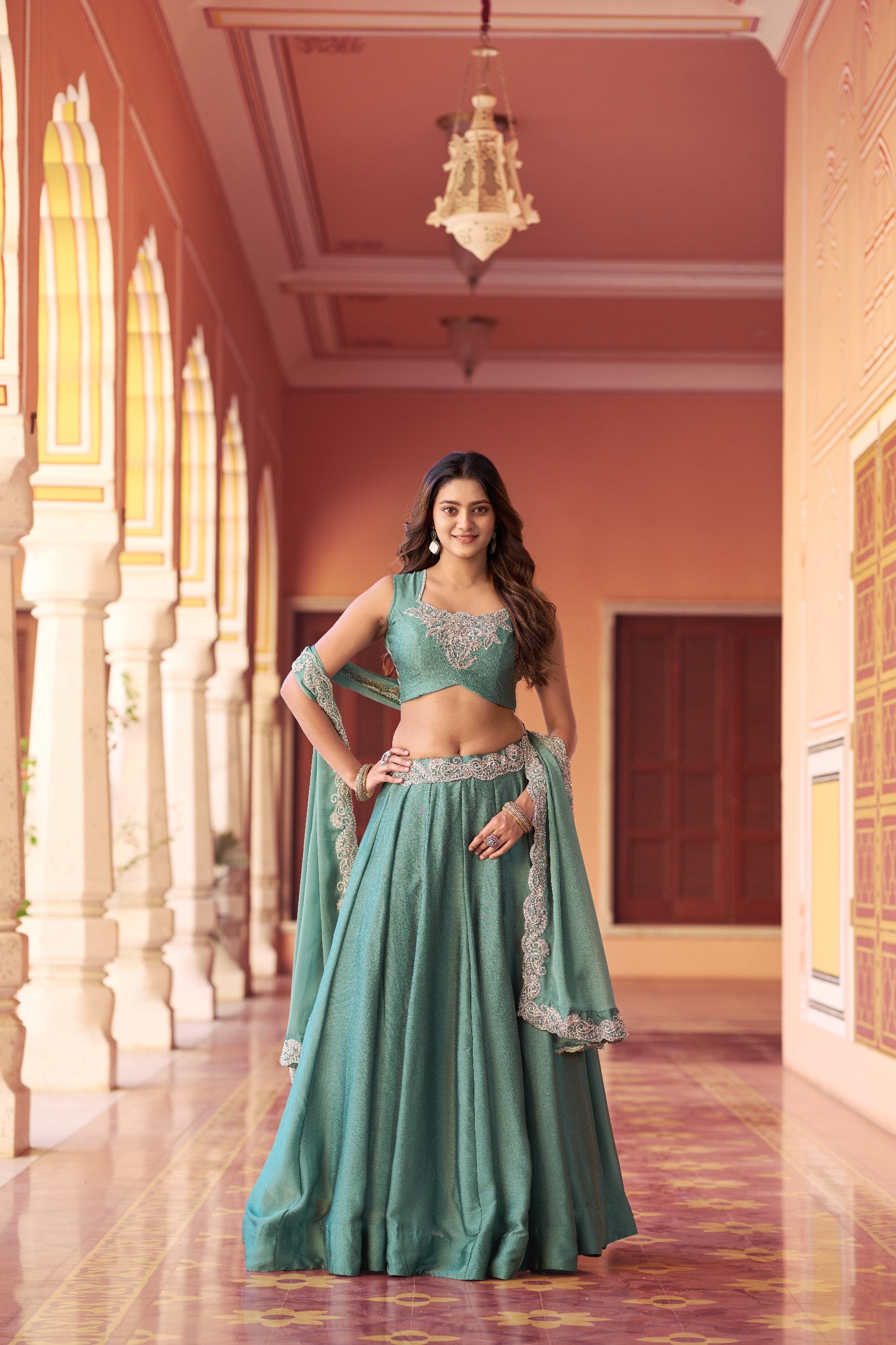 Womenline Sea Green Embroidered Lehenga Set with Designer Dupatta