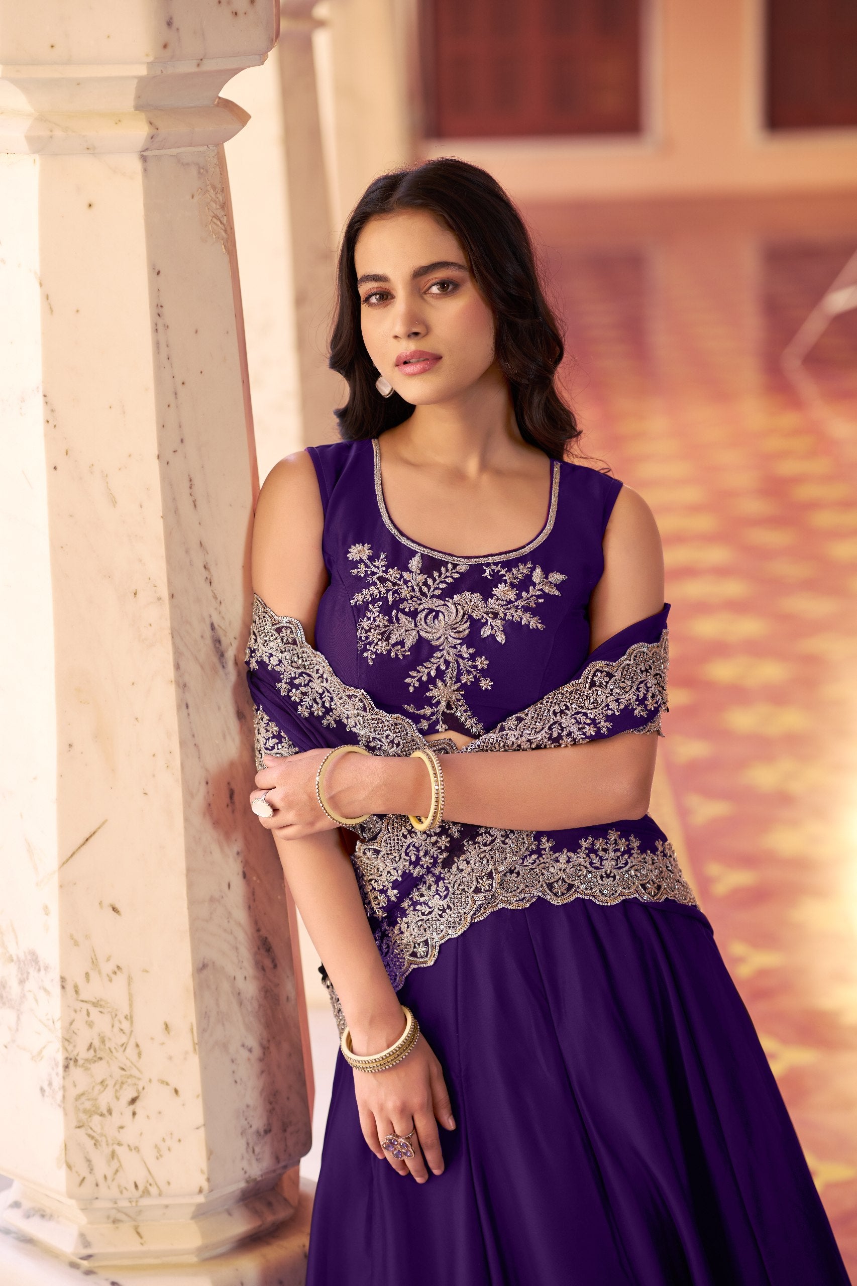 Womenline Royal Purple Embroidered Lehenga Set with Designer Dupatta
