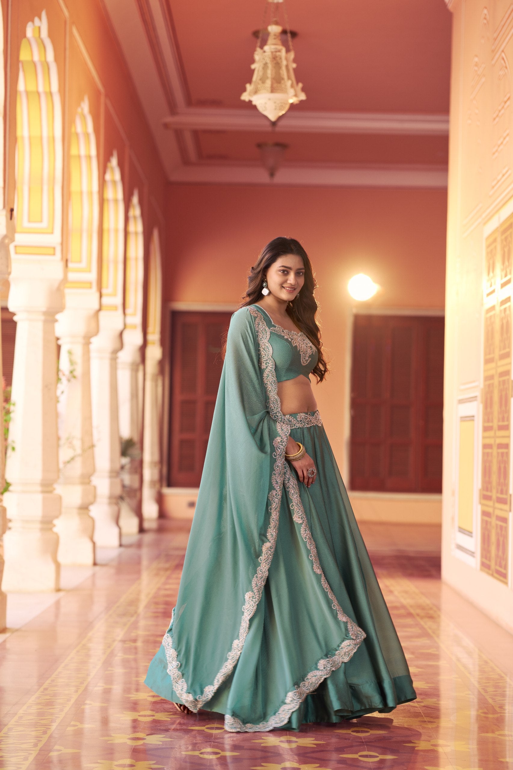 Womenline Sea Green Embroidered Lehenga Set with Designer Dupatta