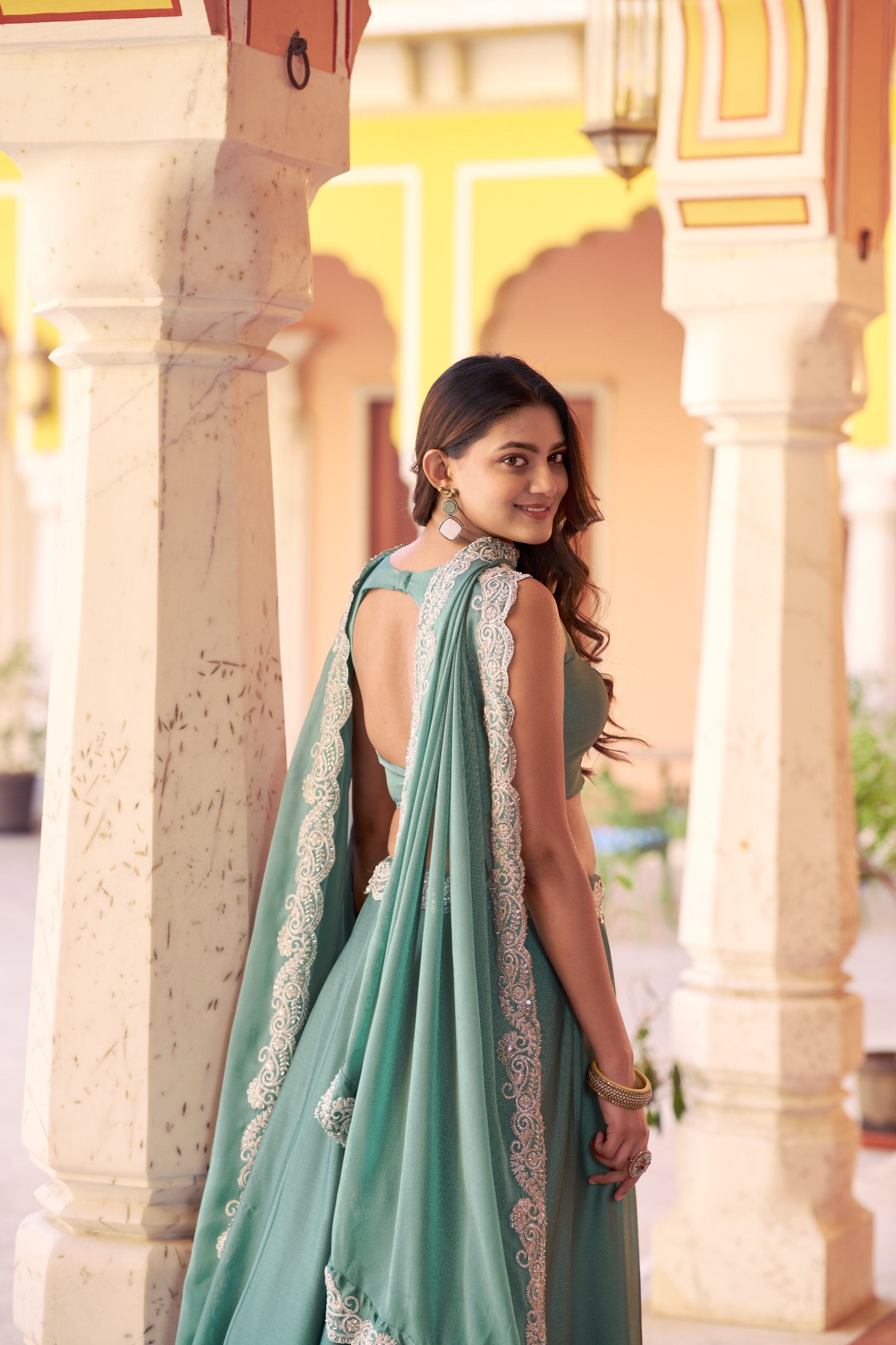 Womenline Sea Green Embroidered Lehenga Set with Designer Dupatta