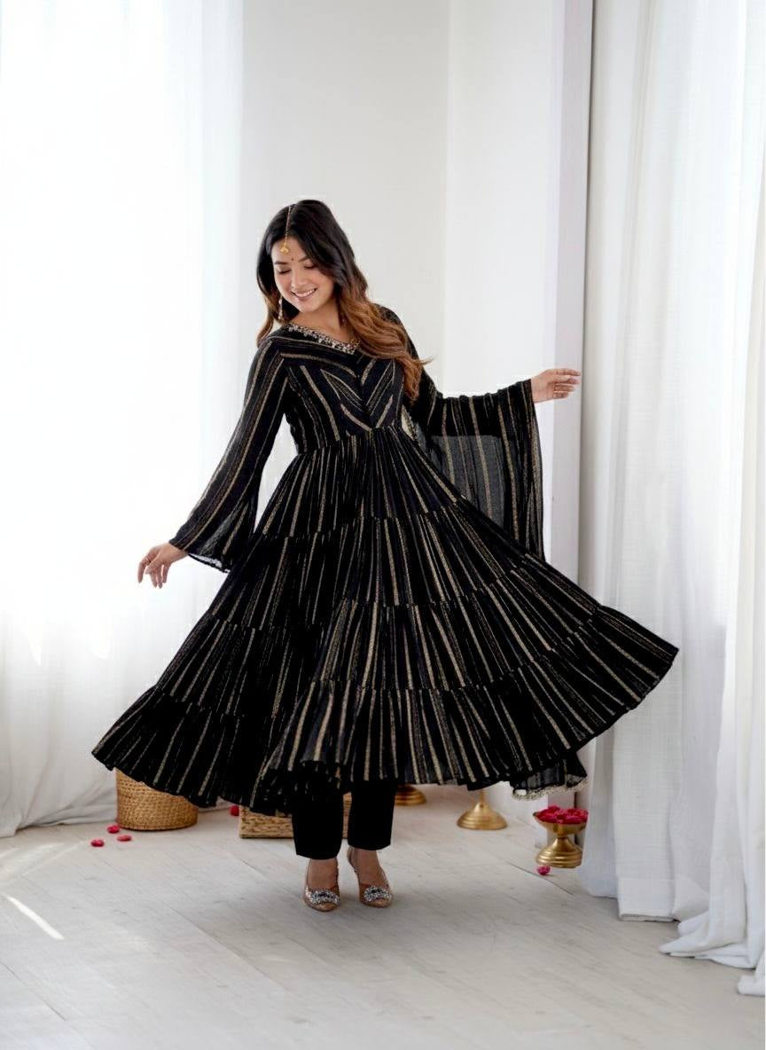 Womenline Black Shimmer Tiered Anarkali Set With Dupatta