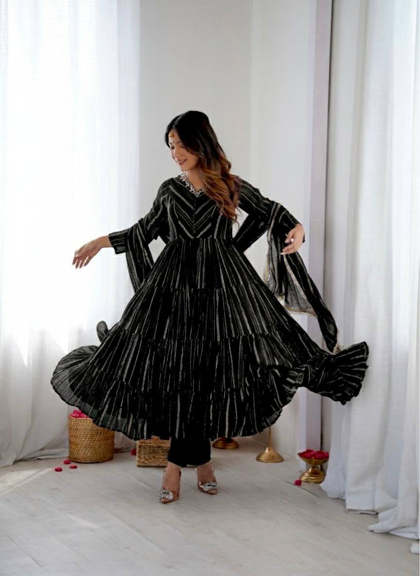 Womenline Black Shimmer Tiered Anarkali Set With Dupatta