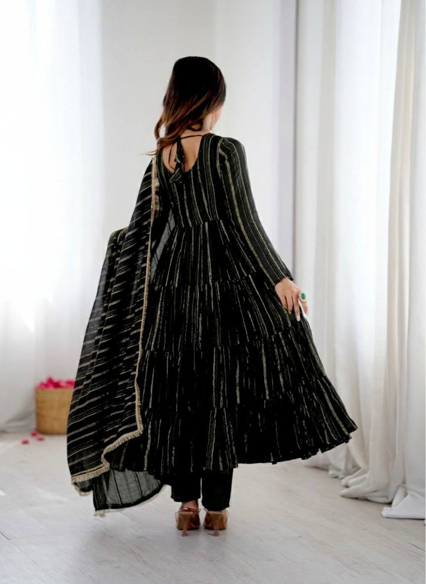Womenline Black Shimmer Tiered Anarkali Set With Dupatta