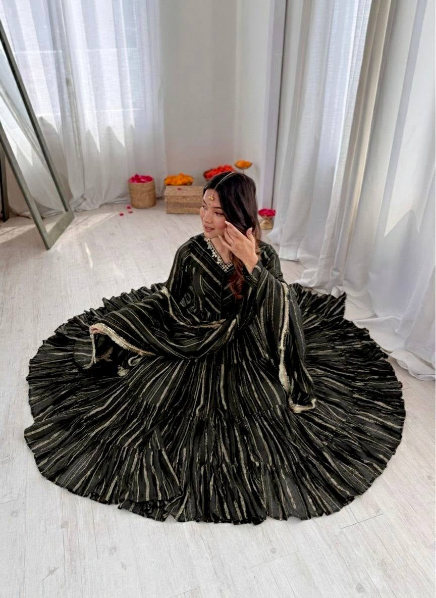 Womenline Black Shimmer Tiered Anarkali Set With Dupatta