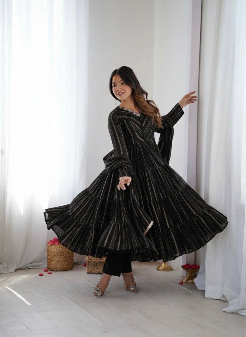 Womenline Black Shimmer Tiered Anarkali Set With Dupatta