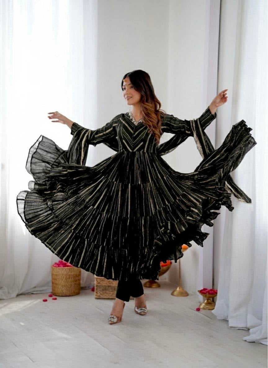 Womenline Black Shimmer Tiered Anarkali Set With Dupatta