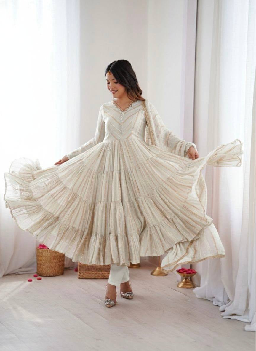 Womenline Ivory Shimmer Tiered Anarkali Set With Dupatta