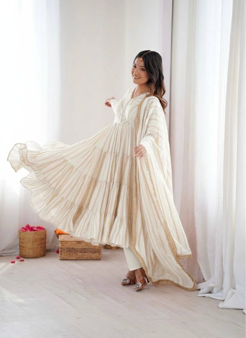Womenline Ivory Shimmer Tiered Anarkali Set With Dupatta
