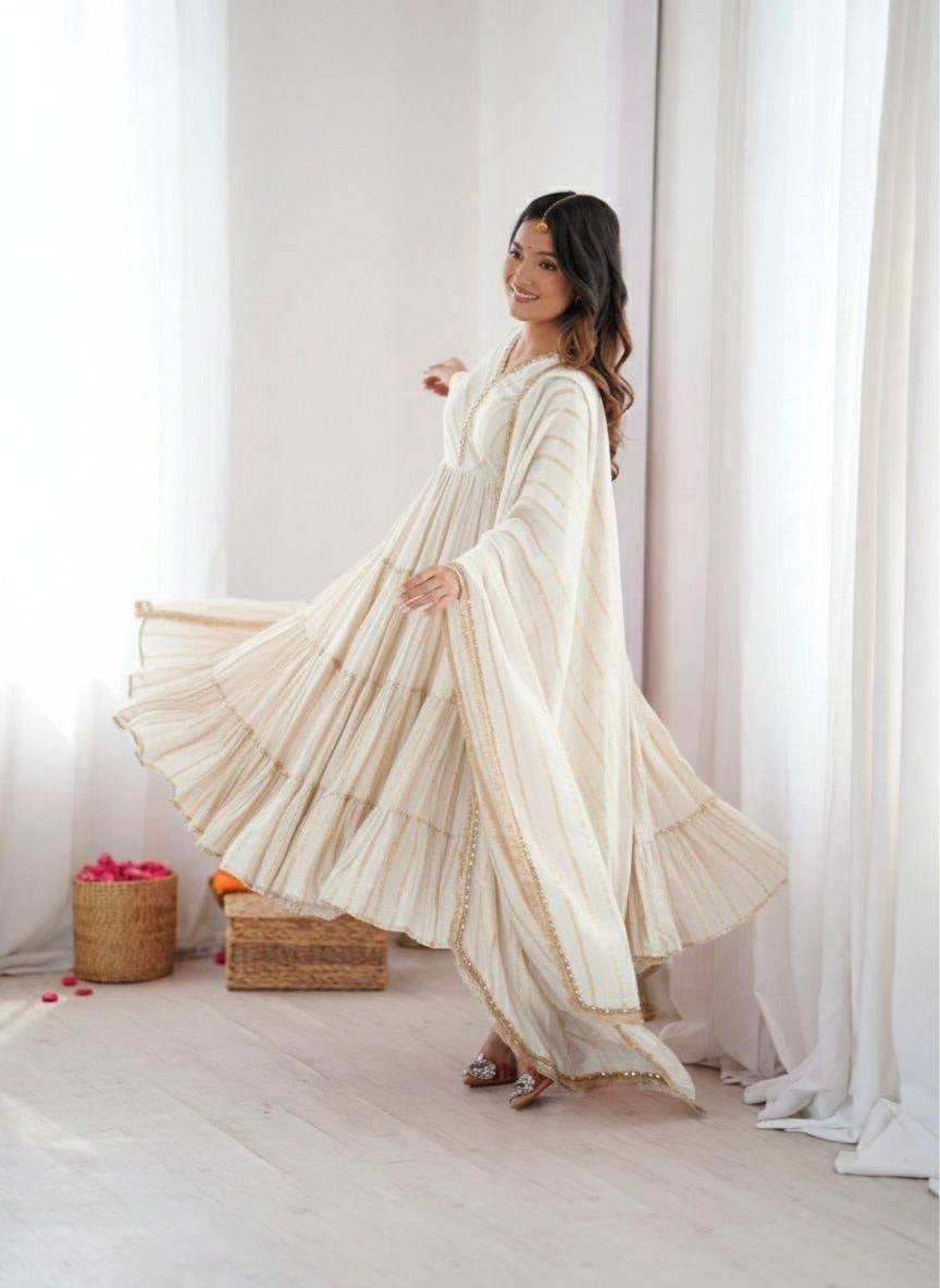 Womenline Ivory Shimmer Tiered Anarkali Set With Dupatta