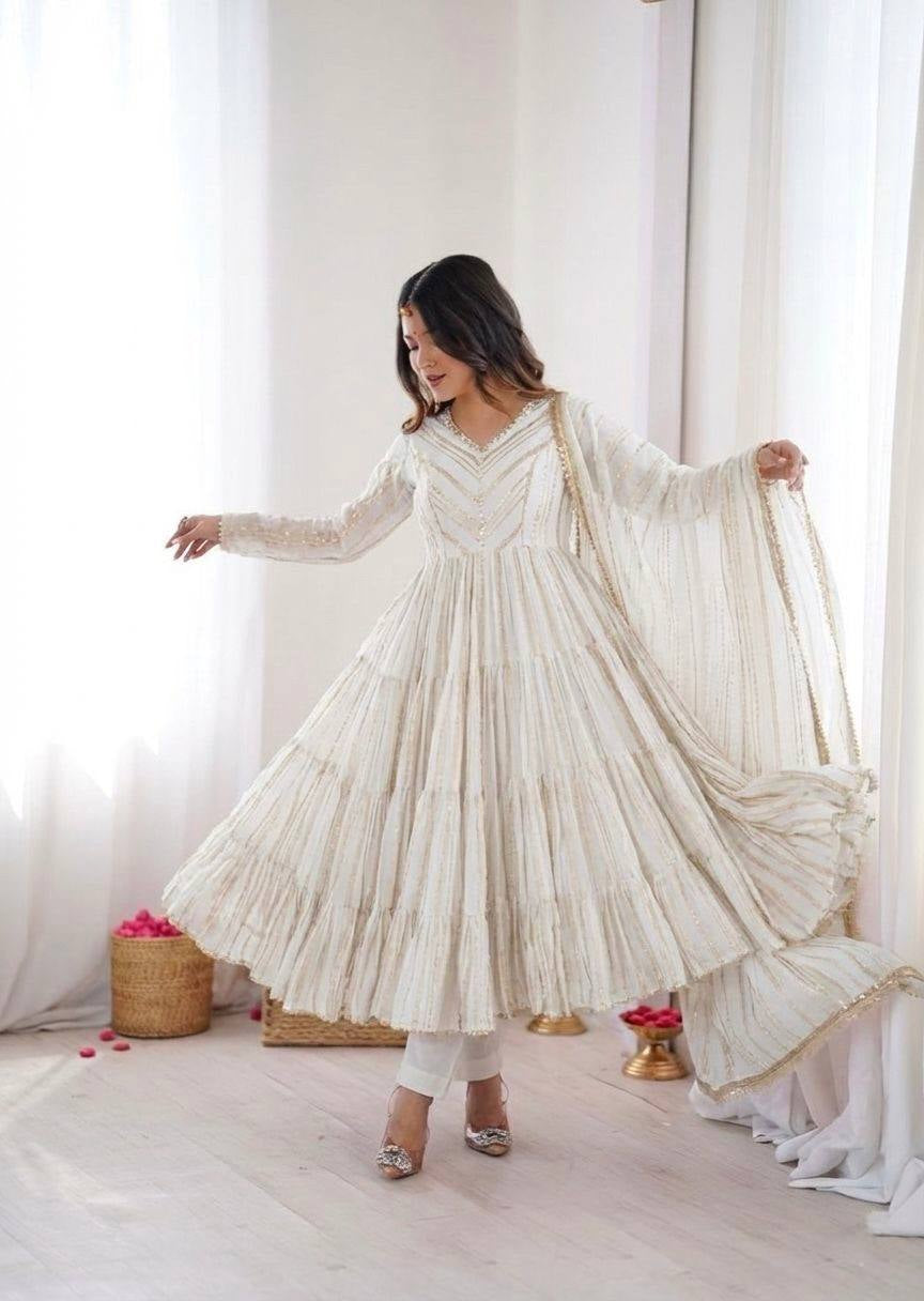 Womenline Ivory Shimmer Tiered Anarkali Set With Dupatta