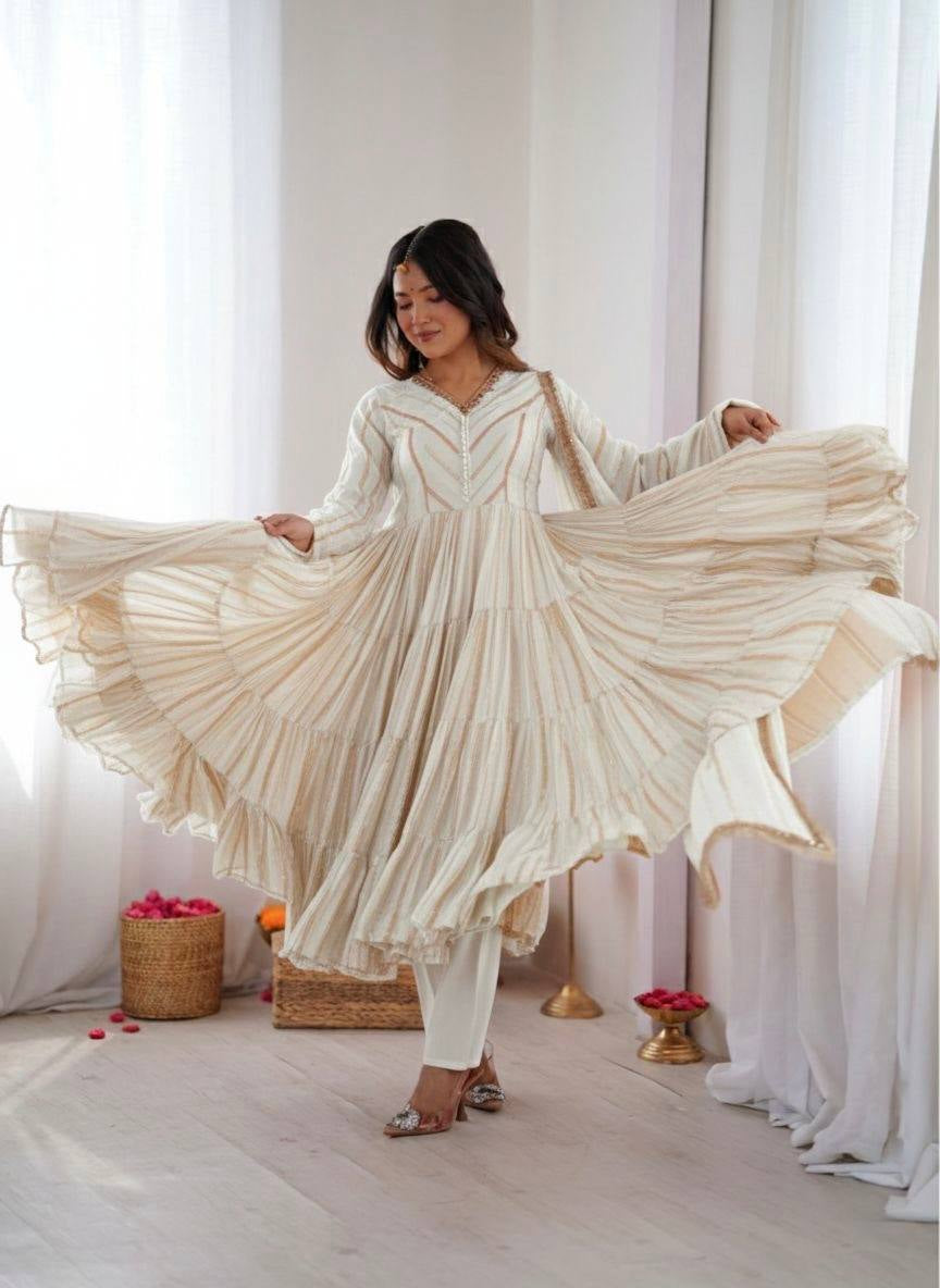 Womenline Ivory Shimmer Tiered Anarkali Set With Dupatta