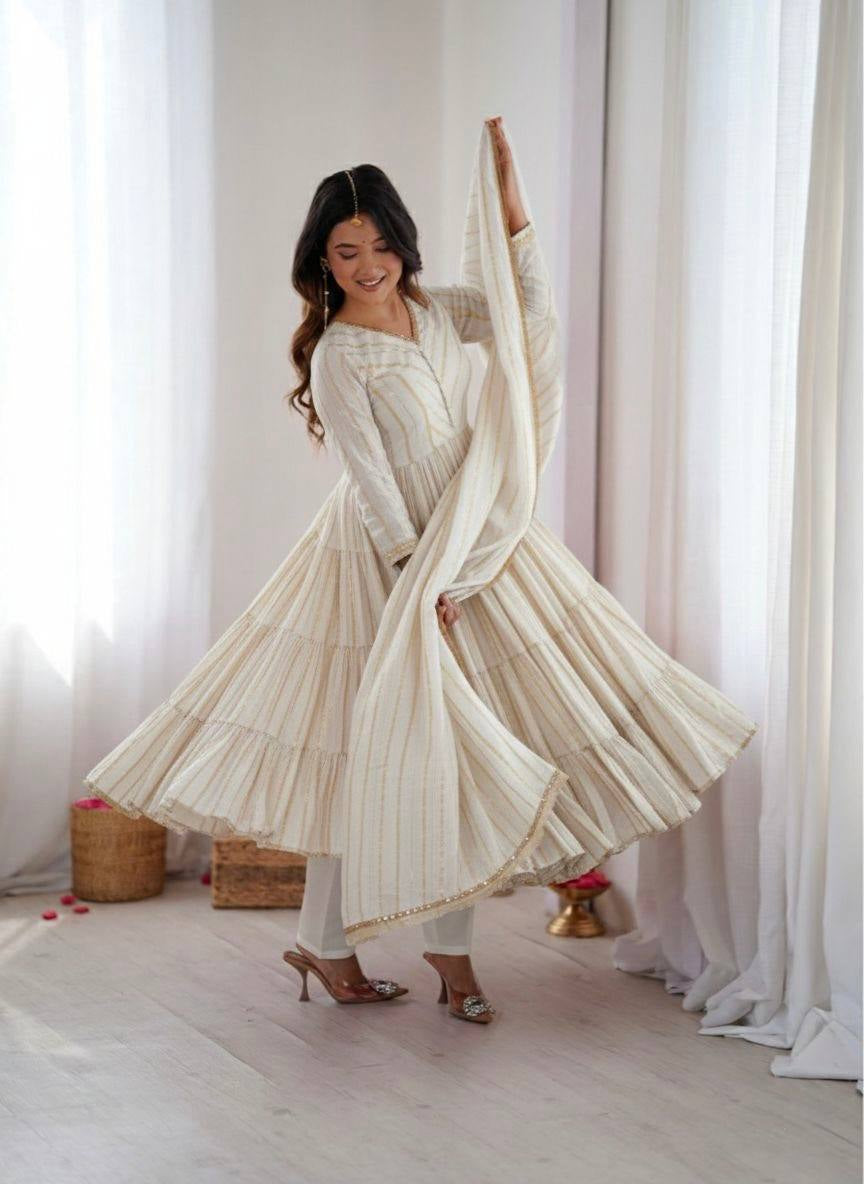 Womenline Ivory Shimmer Tiered Anarkali Set With Dupatta