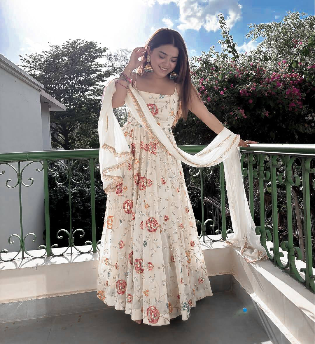Womenline Ivory Floral Printed Anarkali Dress with Dupatta