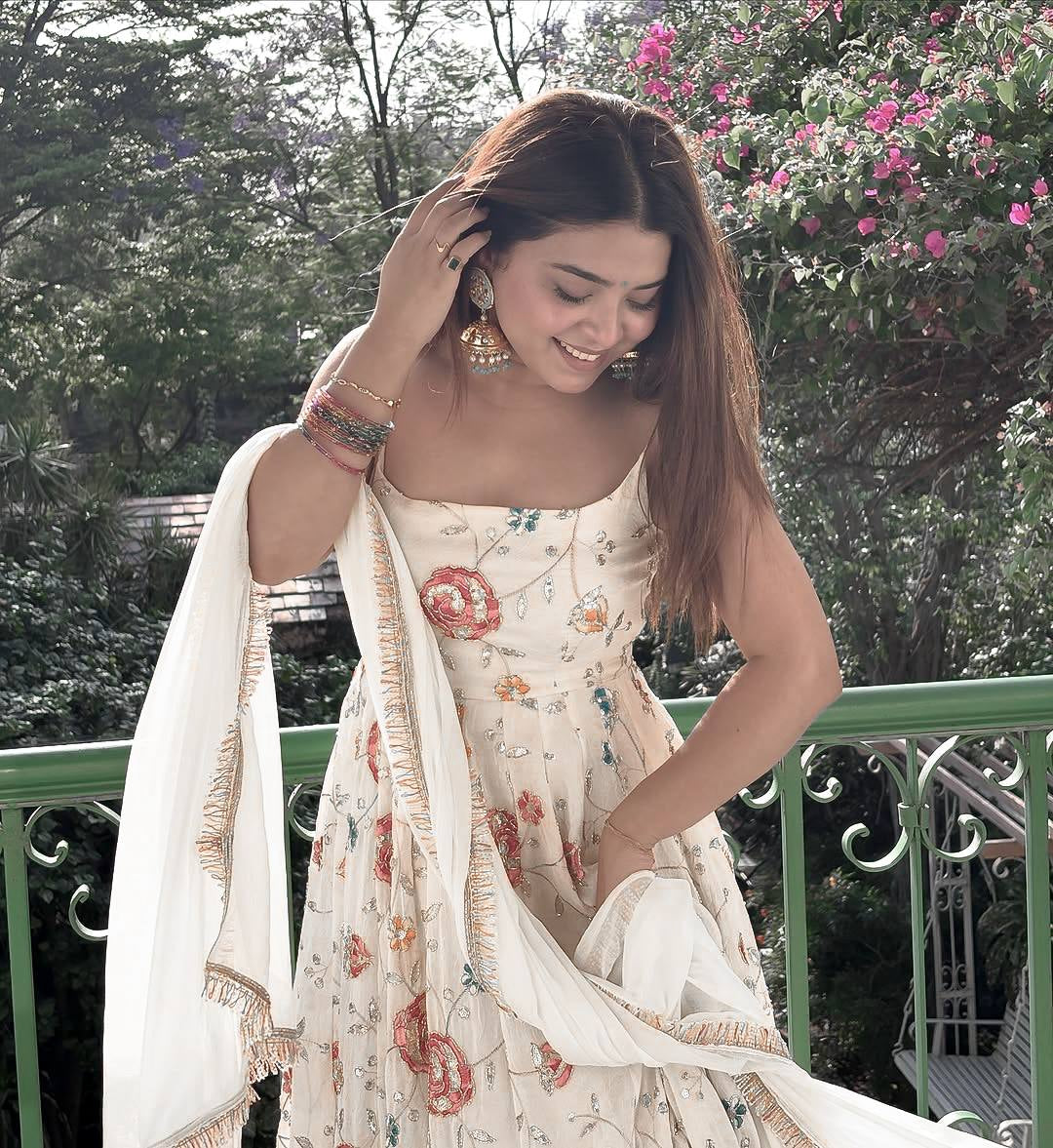 Womenline Ivory Floral Printed Anarkali Dress with Dupatta